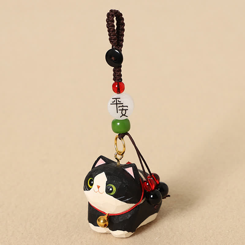 Wood Cat Keychain – Black and white tuxedo cat with peace blessing bead and jade accents, handmade pendant
