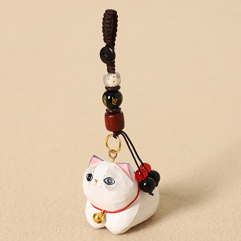 Wood Cat Keychain – White and gray cat with blue heterochromia eyes and Bodhi seed bead, carved pendant