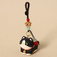 Wood Cat Keychain – Black and white tuxedo cat with gold bell collar and green jade beads, artisan charm