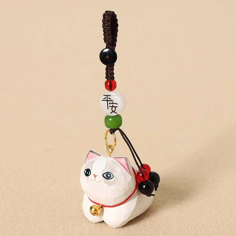 Wood Cat Keychain – White cat with mismatched blue eyes and peace blessing bead, artisan wood charm