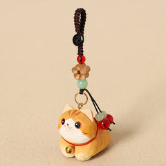 Wood Cat Keychain – Orange tabby cat with gold bell collar and carved flower bead, handcrafted charm