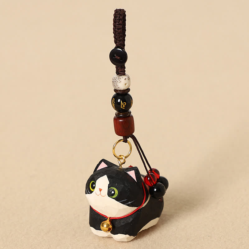 Wood Cat Keychain – Black and white tuxedo cat with Bodhi seed and gold inscribed bead, wooden lucky charm