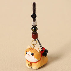 Wood Cat Keychain – Orange tabby cat with Bodhi seed and gold inscribed mantra bead, carved wood charm