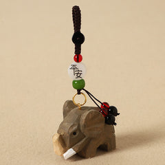 Wood Elephant Peace Keychain - Wooden elephant talisman with jade bead and peace blessing bead, cultural spiritual charm