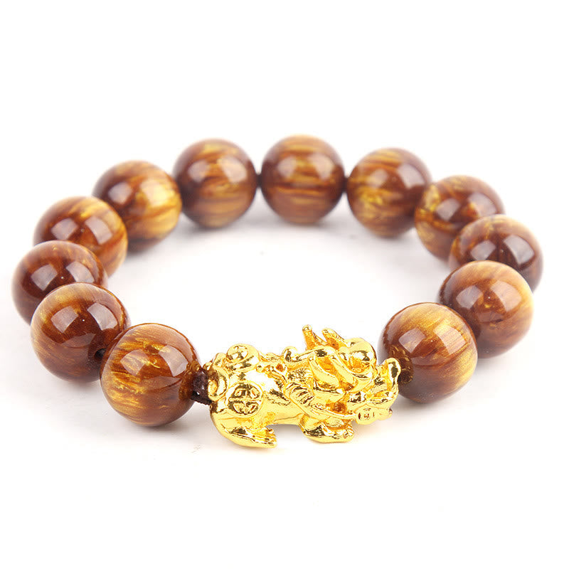 Golden Tiger Eye Bracelet – Round beads with gold PiXiu charm on white, wealth luck