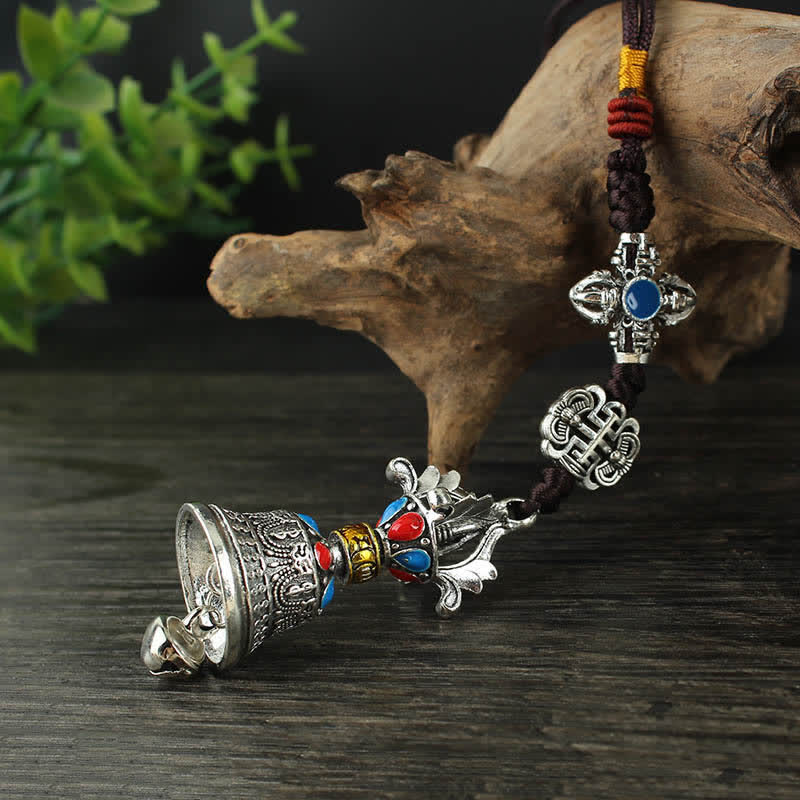 Tibetan Vajra Dorje Car Hanging – Ornate ghanta bell with red and blue inlays on natural driftwood, car charm