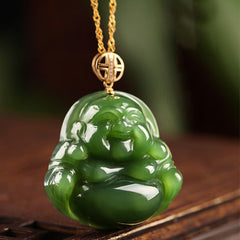 Laughing Buddha Cyan Jade Necklace – front view happy buddha gold detail, cyan jade buddha necklace pendant