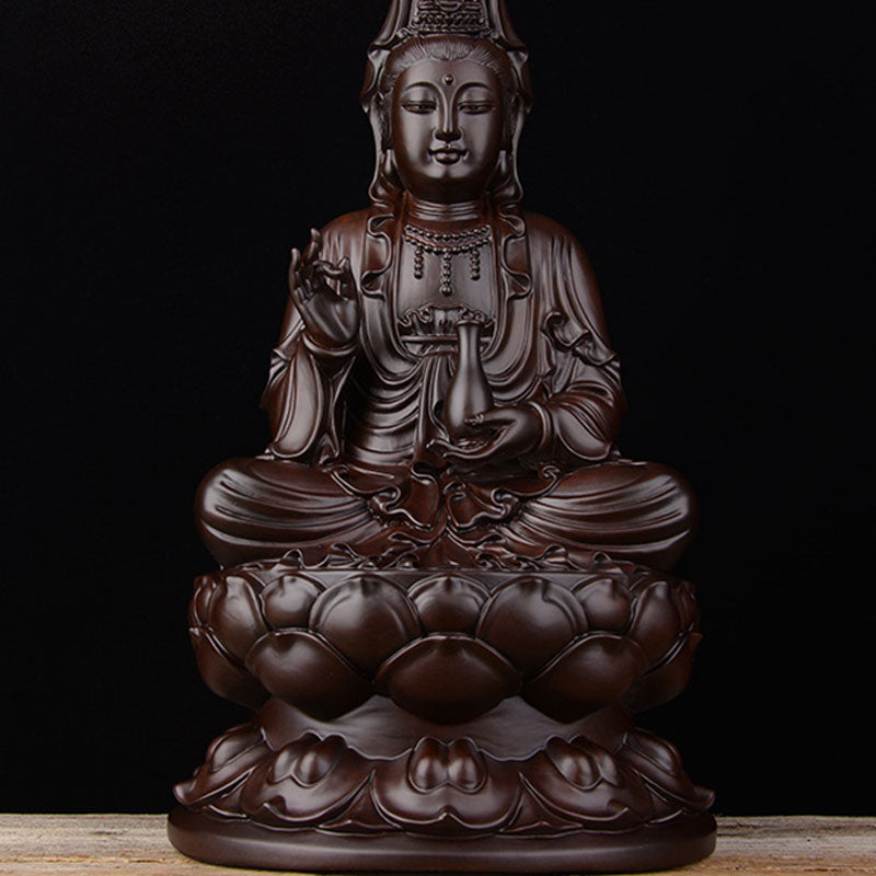 Ebony Avalokitesvara Lotus Decoration – Eye-level frontal view with beaded necklace and lotus pedestal, dark hardwood Guanyin