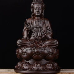 Ebony Avalokitesvara Lotus Decoration – Eye-level frontal view with beaded necklace and lotus pedestal, dark hardwood Guanyin