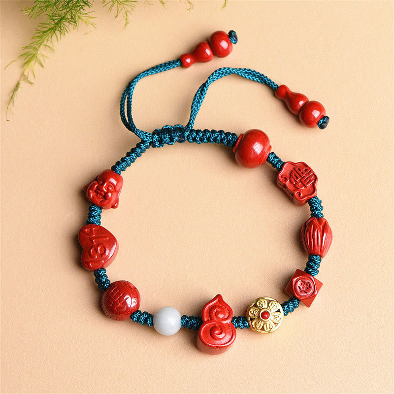 Cinnabar Laughing Buddha Bracelet – red cinnabar stone texture macro, natural mineral pigment detail