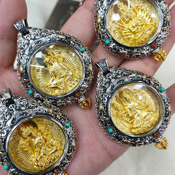 Zodiac Buddha Thangka Wealth Rotatable Pendant – macro detail of silver border relief with turquoise and coral inlays, craft