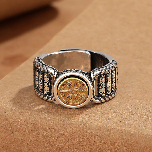 Om Mani Padme Hum Copper Ring – Top view with gold coin and rope border, copper ring