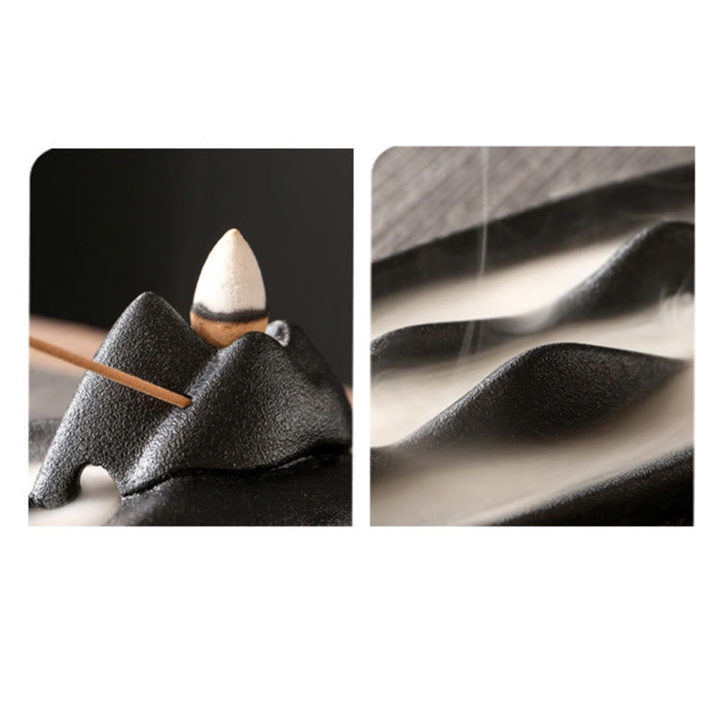 Double Koi Fish Mountain Incense Burner - mountain backflow burner setup and smoke cascade diptych