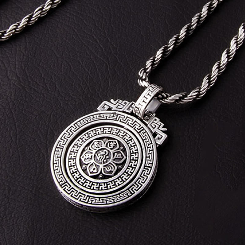Double Dorje Vajra Rotatable Necklace – oxidized silver lotus medallion on dark leather, men statement necklace