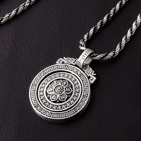 Double Dorje Vajra Rotatable Necklace – oxidized silver lotus medallion on dark leather, men statement necklace