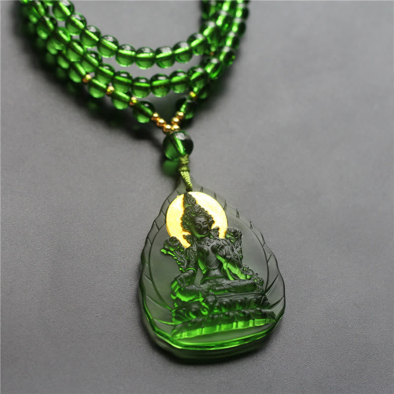 Green Tara Buddha Necklace – complete three-strand green crystal bead chain with pendant, full chain