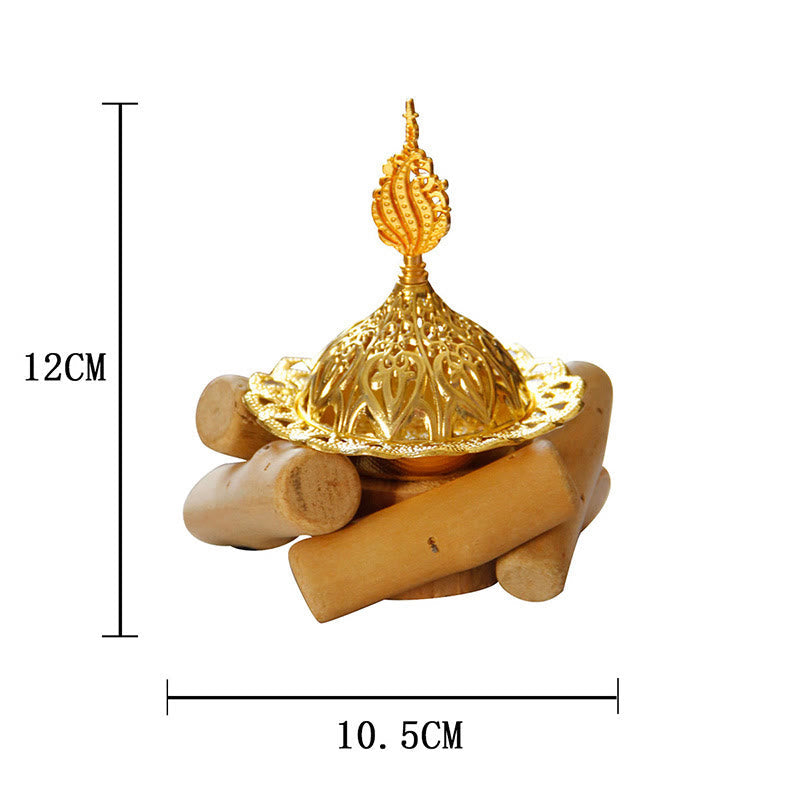 Gold Alloy Mini Incense Burner – ornate filigree dome lid 12cm on wood base, Moroccan-style mini incense burner