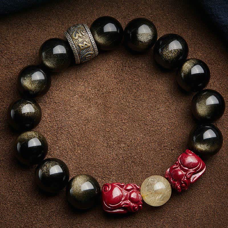 Gold Sheen Obsidian Pixiu Bracelet – top view brown fabric, gold flash obsidian with double cinnabar pixiu and golden quartz