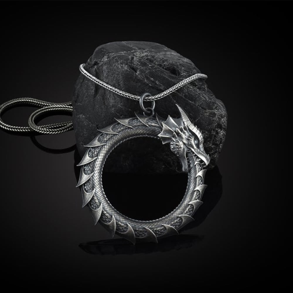 Pure Tin Dragon Snake Necklace - Ouroboros dragon ring on dark stone, rope chain, protection talisman