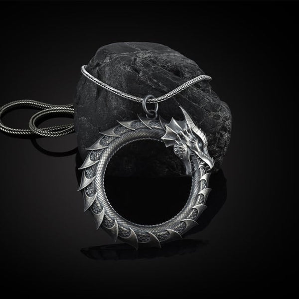 Pure Tin Dragon Snake Necklace - Ouroboros dragon ring on dark stone, rope chain, protection talisman
