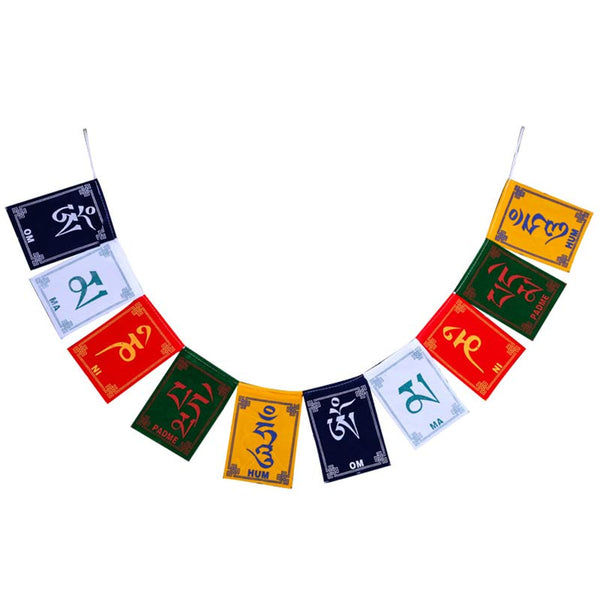 Tibetan Prayer Flags – Ten colorful flags curved on white background with Om Mani Padme Hum, prayer banner
