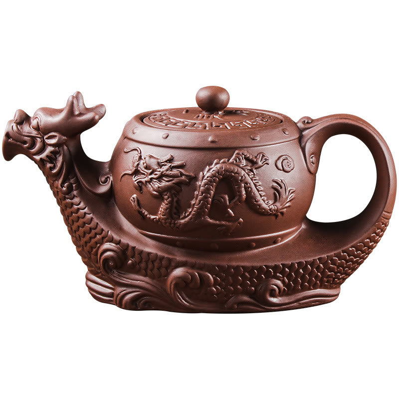 Vintage Dragon Auspicious Clouds Teapot – terracotta dragon teapot with sculpted base on white background, clean product p...