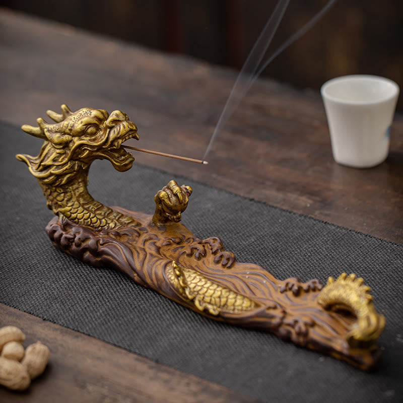 Dragon Protection Incense Burner – brass dragon exhaling smoke on dark woven mat, meditative ritual