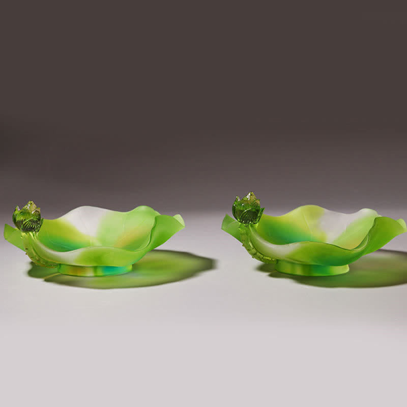 Feng Shui Lotus Liuli Crystal – pair of green lotus leaf bowls with buds, harmonious