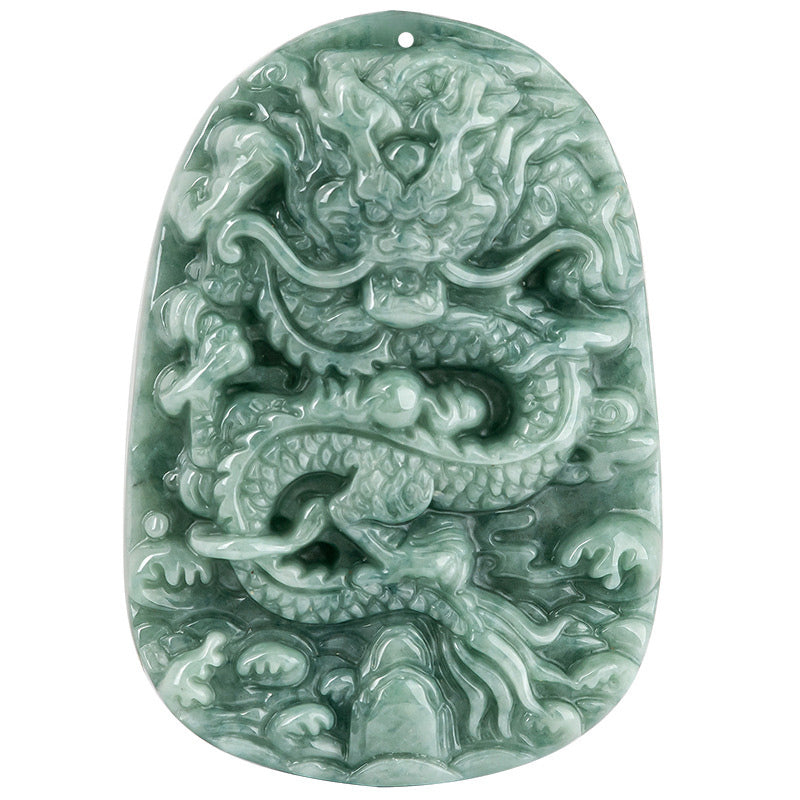Chinese Zodiac Dragon Jade Necklace - Front view of carved green jade dragon plaque on white background, Luck