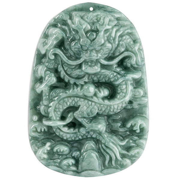 Chinese Zodiac Dragon Jade Necklace - Front view of carved green jade dragon plaque on white background, Luck