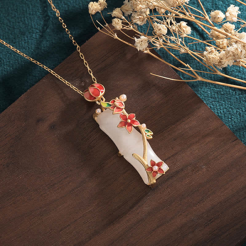 White Jade Bamboo Lotus Necklace – White jade bamboo pendant with coral enamel blossoms on wood, lotus jewelry