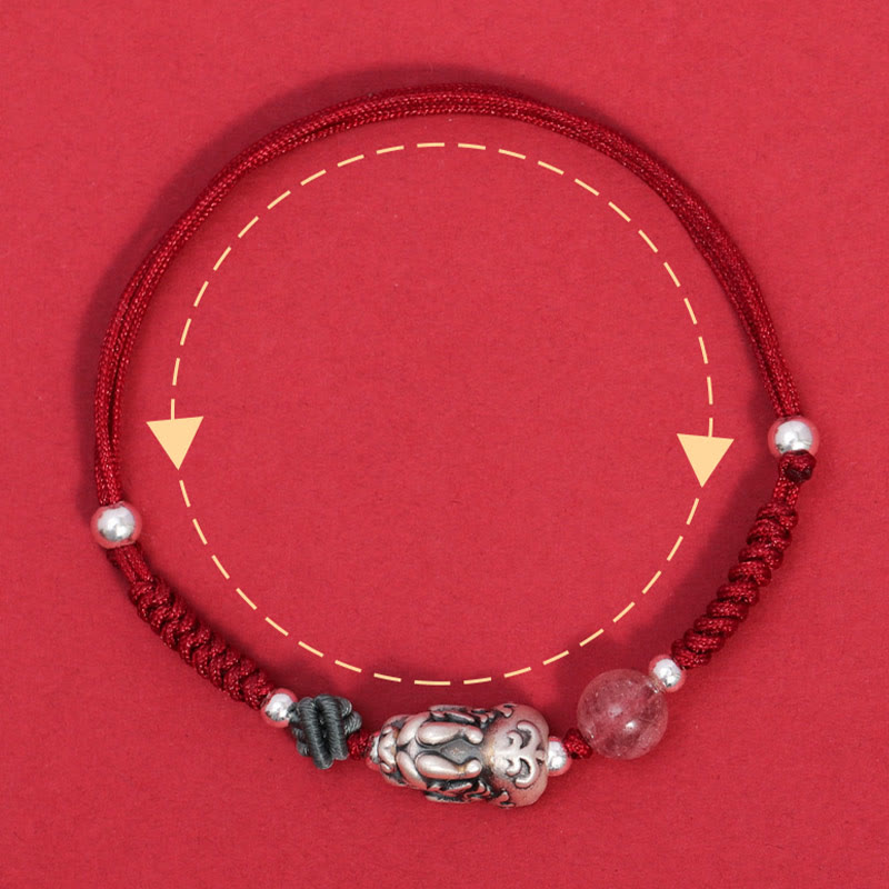 Silver PiXiu Strawberry Quartz Bracelet – Red bracelet with adjustable size guide on red