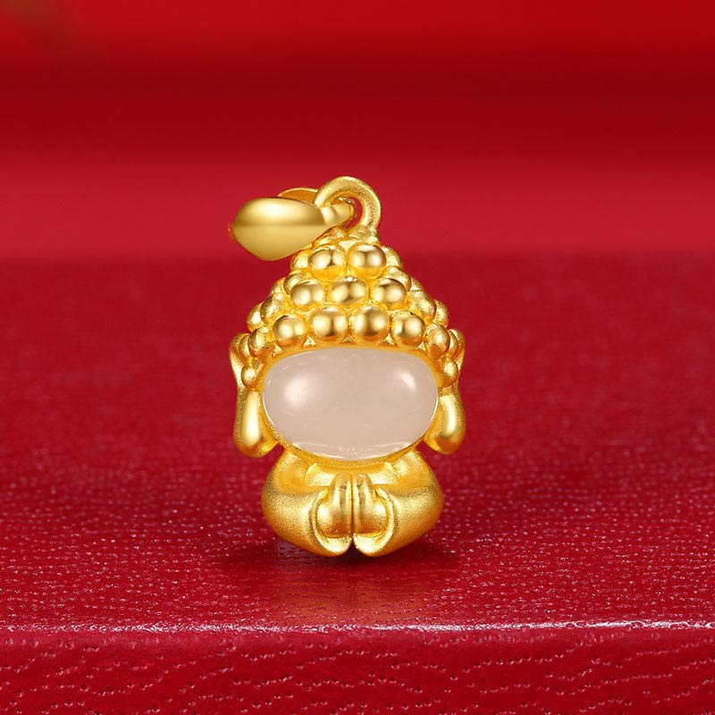 White Jade Buddha Success Pendant Necklace – Gold Buddha pendant on red background, three-quarter view, auspicious blessing
