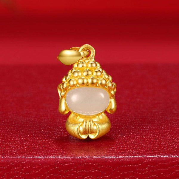 White Jade Buddha Success Pendant Necklace – Gold Buddha pendant on red background, three-quarter view, auspicious blessing