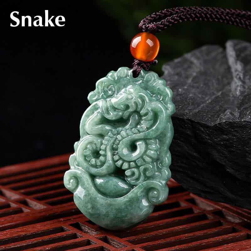 Jade Zodiac Prosperity Necklace – Coiled snake carving on wooden stand, wisdom, mystical