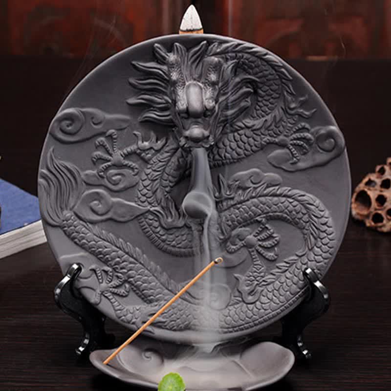 Dragon Backflow Incense Burner dual smoke, dark ceramic disc, book and lotus pod props, zen decor