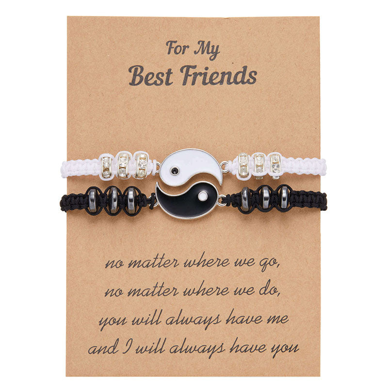 Yin Yang Hematite Bracelet - Black & white pair on kraft card with best friend quote, gift set