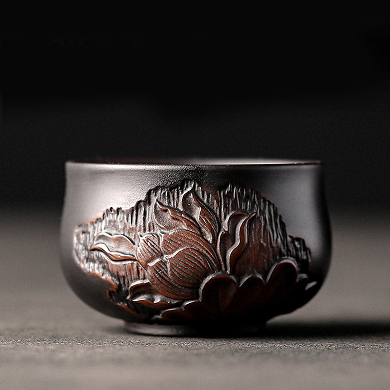 Ceramic Tea Cup – Carved landscape with pavilions and trees wrapping dark clay, scenic tea bowl