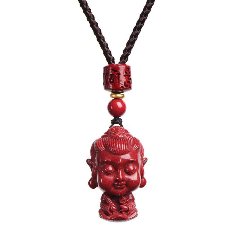 Chinese Zodiac Cinnabar Pendant – Centered product view on white background with cord and beads, Buddhist jewelry