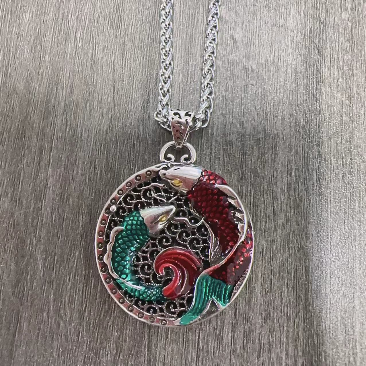 Tibetan Copper Koi Fish Healing Necklace – pendant back, engraved Tibetan symbols