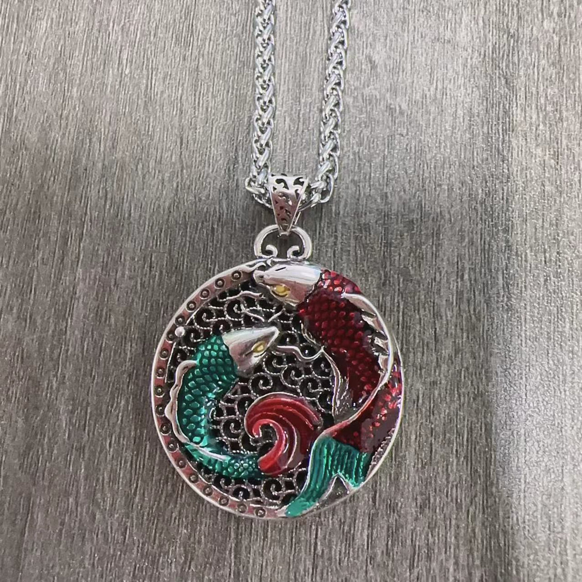 Tibetan Copper Koi Fish Healing Necklace – pendant back, engraved Tibetan symbols