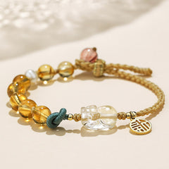 Citrine PiXiu Fu Bracelet – Side view citrine bracelet with PiXiu, teal knot detail