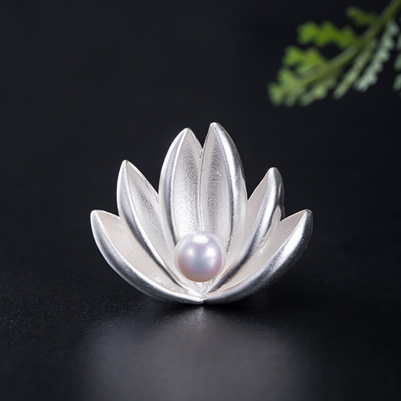 Silver Lotus Pearl Brooch – Eight-petal lotus brooch with lustrous pearl, Minimalist luxury