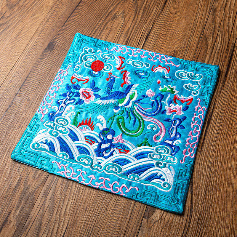 Phoenix Dragon Kirin Embroidery Tea Cup Mat - Teal base phoenix waves Greek key border, Vibrant Heritage