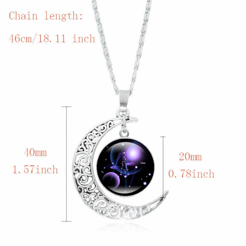 Zodiac Moon Protection Copper Necklace - Crescent moon zodiac necklace size guide showing 40mm pendant height, 20mm cabochon, and 46cm chain length