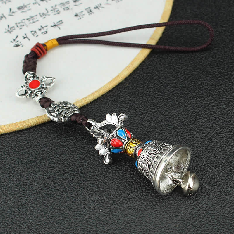 Tibetan Vajra Dorje Car Hanging – Ritual bell with gemstone crown and endless knot charm, Tibetan ghanta