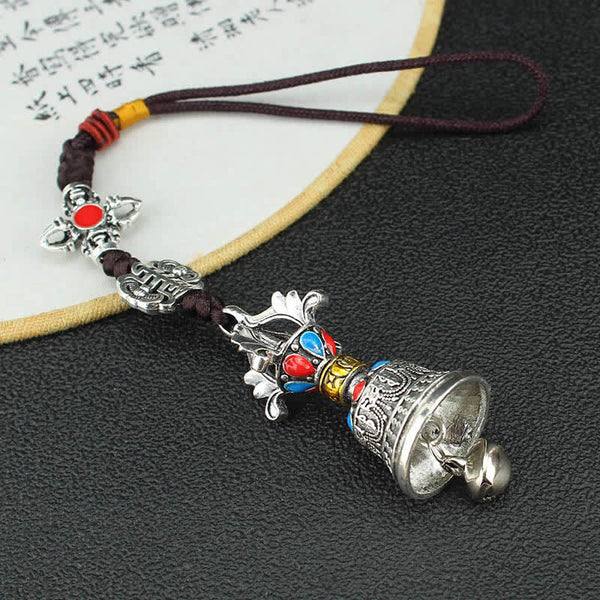 Tibetan Vajra Dorje Car Hanging – Ritual bell with gemstone crown and endless knot charm, Tibetan ghanta