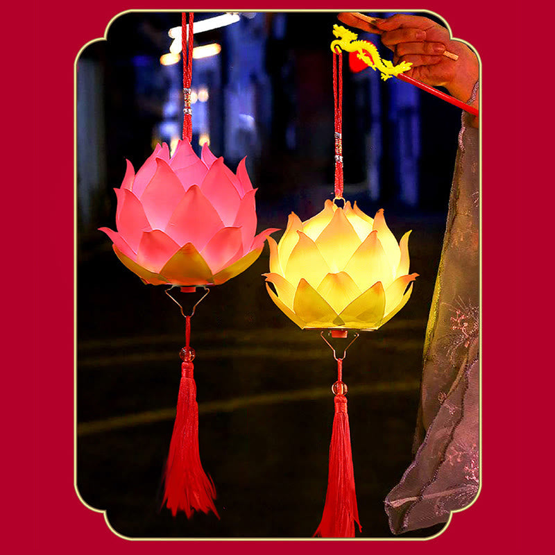 DIY Lotus Dragon Lantern Tassel Lamp – Pink lotus lantern with red tassel in ornate gold octagonal frame, Auspicious decor