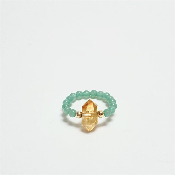 Citrine Aventurine Ring – Green aventurine bead ring with citrine double-point crystal on white background