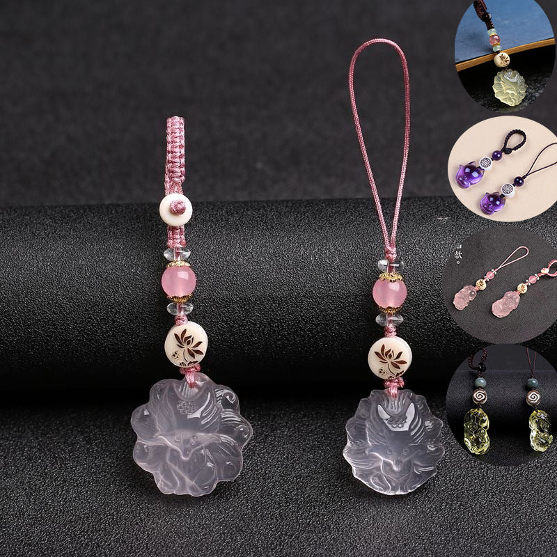 Quartz Fox Keychain – main pink fox keychains with four corner insets showing yellow fox purple fox and pixiu variants, crystal gifts